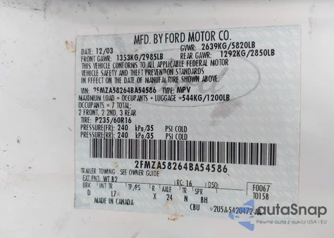 2004 Ford Freestar Limited from USA, damaged, VIN 2FMZA58264BA54586